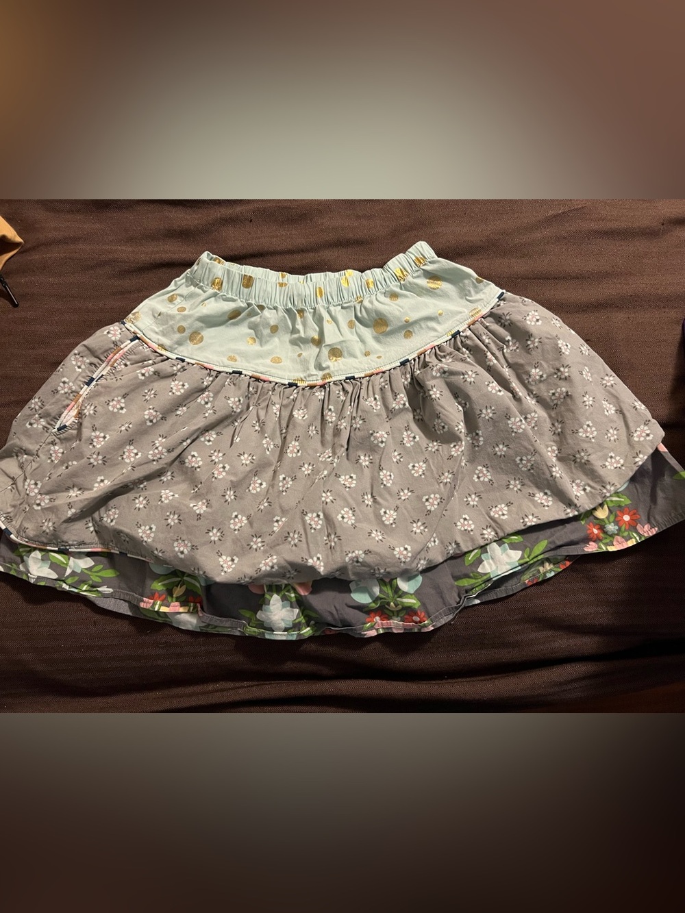 Matilda Jane Hello Lovely Fun Day Skirt Gray Floral Gold Polka Dots Size 8